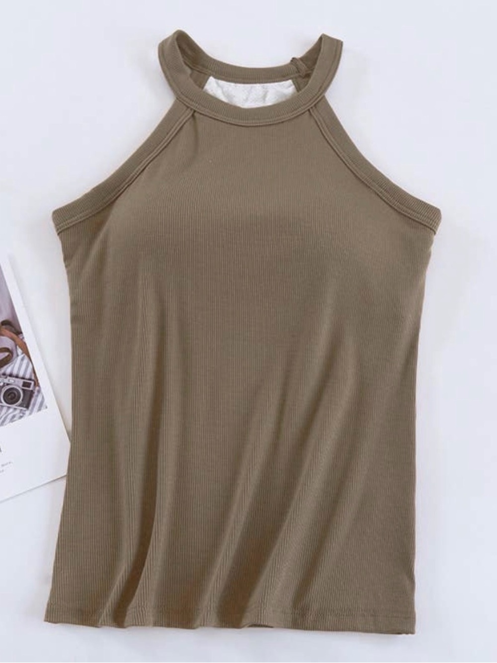 Beige Ribbed Halter Tank Top